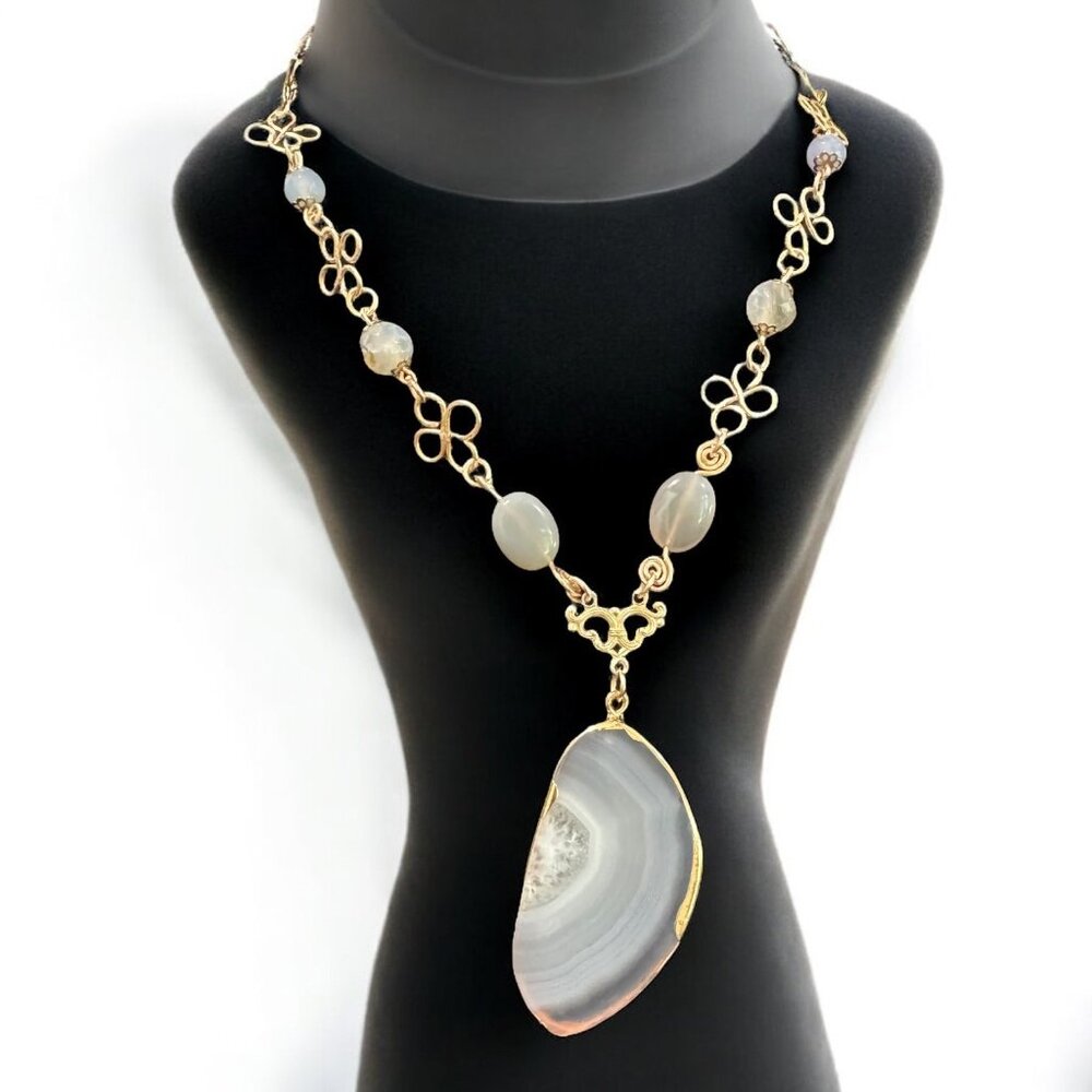 Handmade Hammered Lotus Flower Necklace W Agate Pendant Labradorite & Chalcedony
